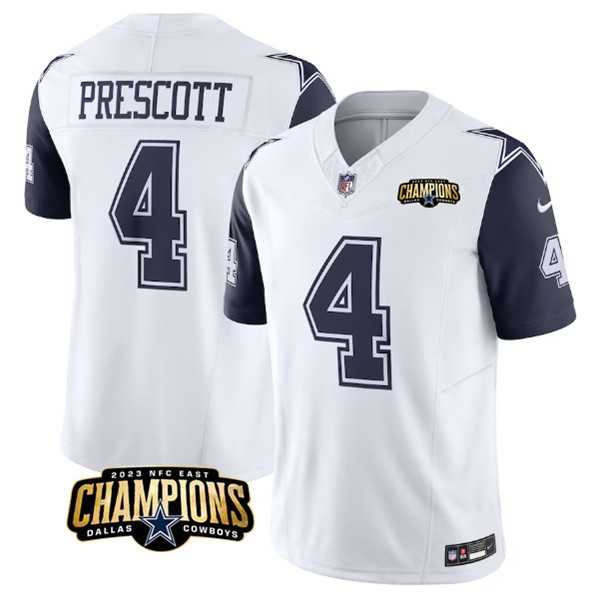 Men & Women & Youth Dallas Cowboys #4 Dak Prescott White Navy 2023 F.U.S.E. NFC East Champions Patch Stitched Jersey->dallas cowboys->NFL Jersey